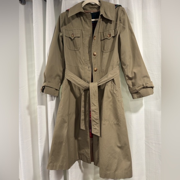 Vintage Jackets & Blazers - Vintage Khaki Trench Coat with Removable Plaid Liner Tan Belted Overcoat Size 8